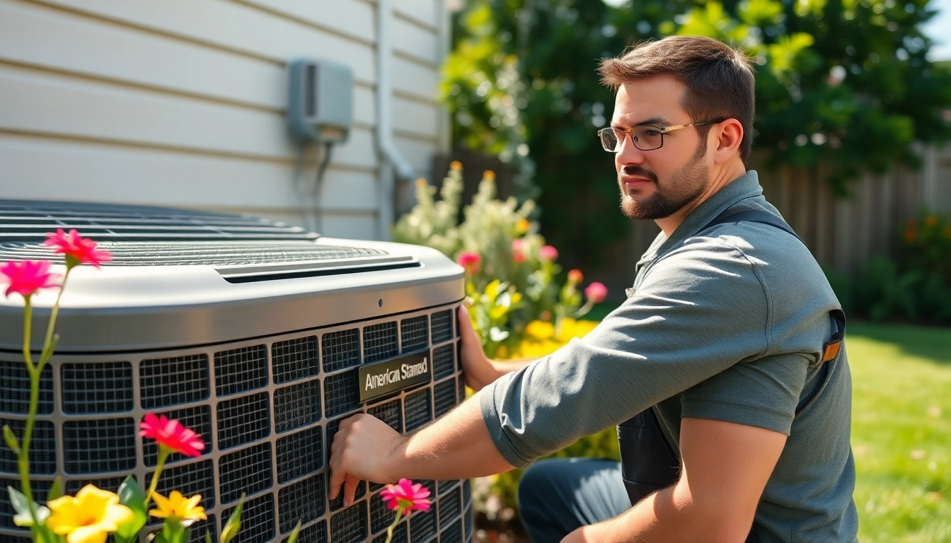Technician servicing an american standard air conditioning unit in a sunny garden.