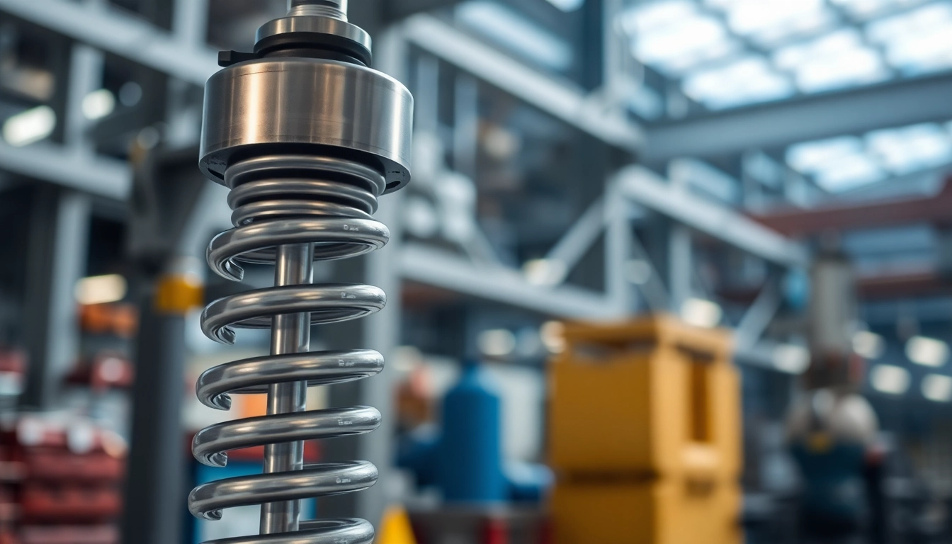 Gas Spring Supplier displaying a high-quality gas spring in a factory setting with detailed textures.