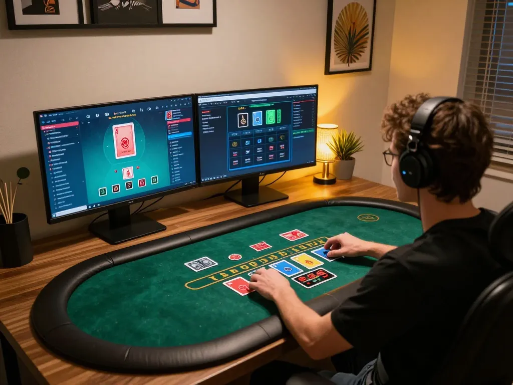 Player engaging in live dealer blackjack at TG88 online casino with vibrant displays and a modern gaming setup