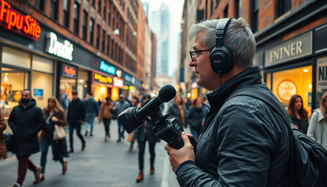 Journalist capturing news on a bustling city street filled with pedestrians.