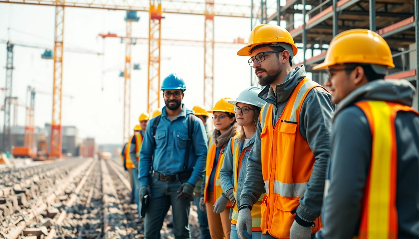 Construction career professionals collaborating on a busy job site with diverse team members.