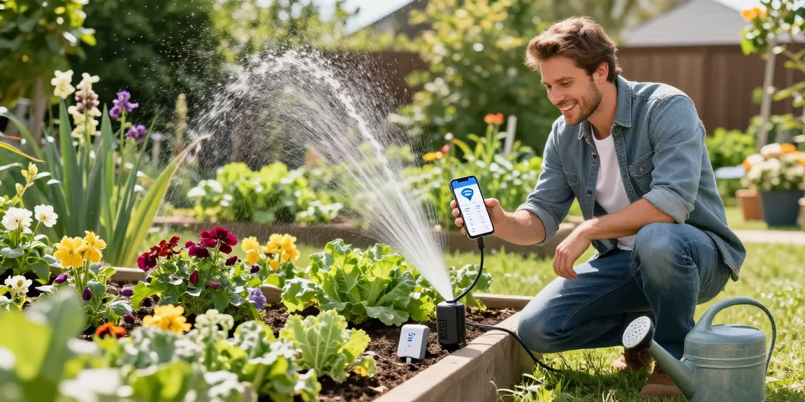 wifi sprinkler controller setup in a vibrant home garden with blooming flowers and vegetables