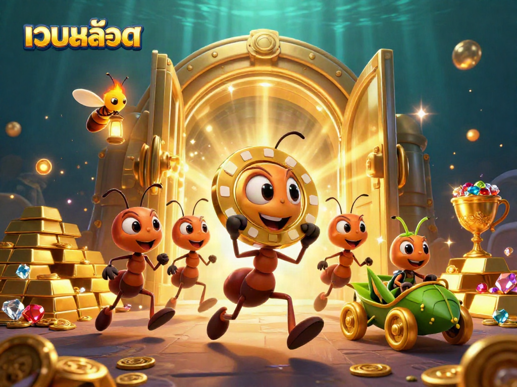 Experience เว็บสล็อต excitement with lively cartoon ants heisting golden poker chips in a vibrant casino scene.