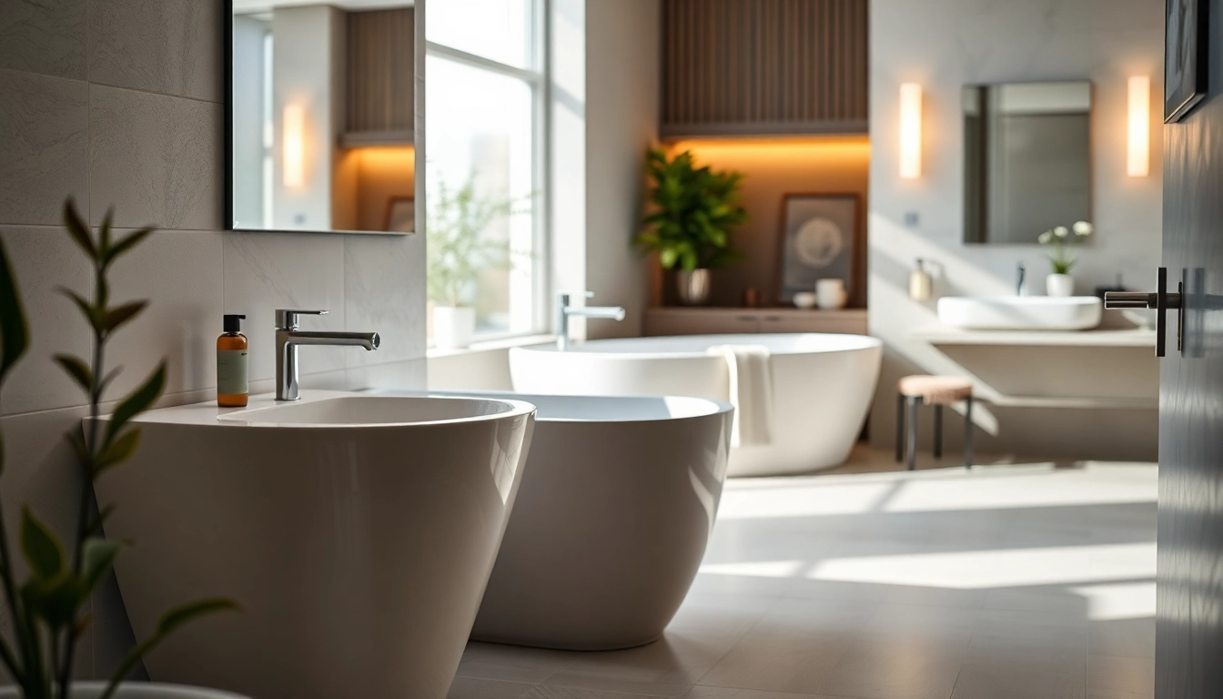 I sanitari moderni in un elegante bagno minimalista, illuminato naturalmente.