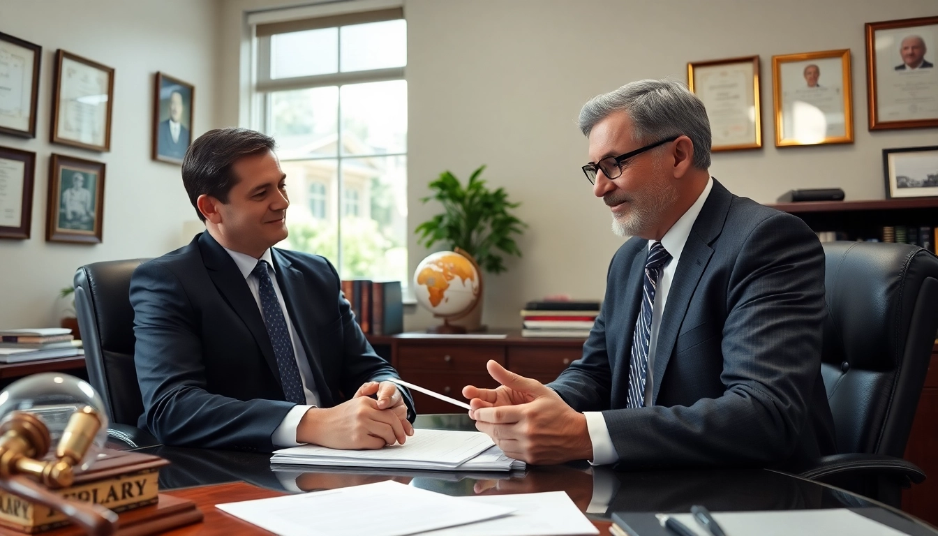 New Hampshire Immigration Attorney discussing case details with a client in a professional setting.