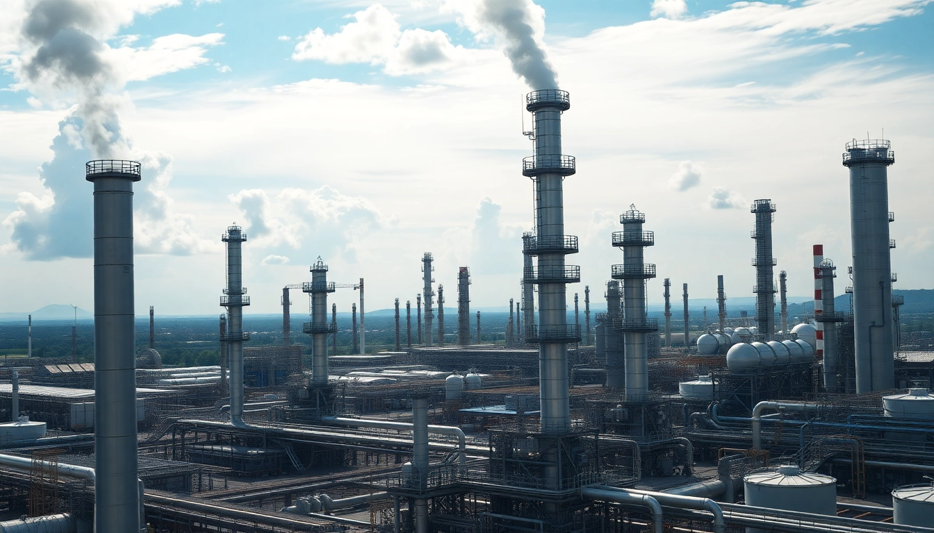 Refineries showcasing a bustling industrial environment with oil storage tanks and smokestacks.