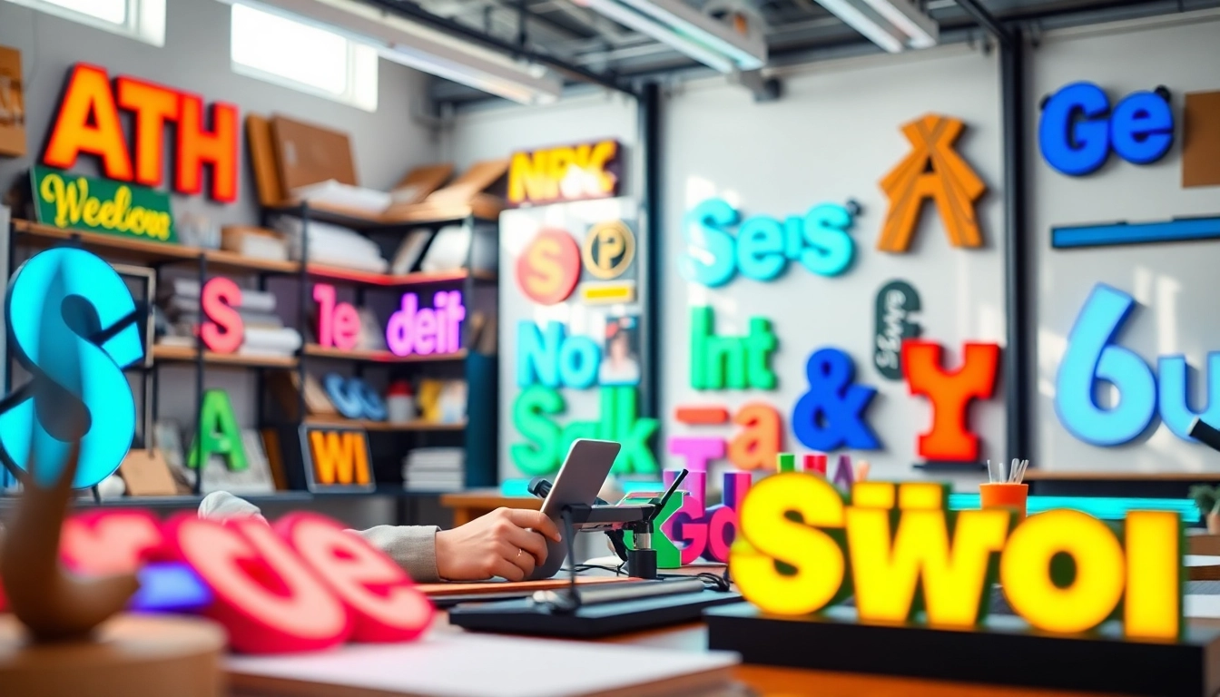 Calgary sign company showcasing vibrant sign designs in a creative workspace.