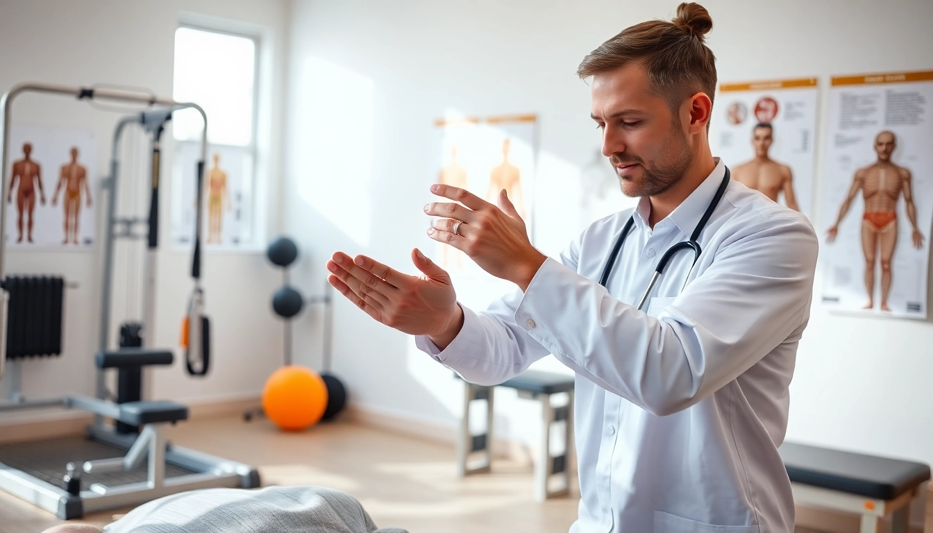Physiotherapy near me session with a therapist demonstrating an exercise to a patient.