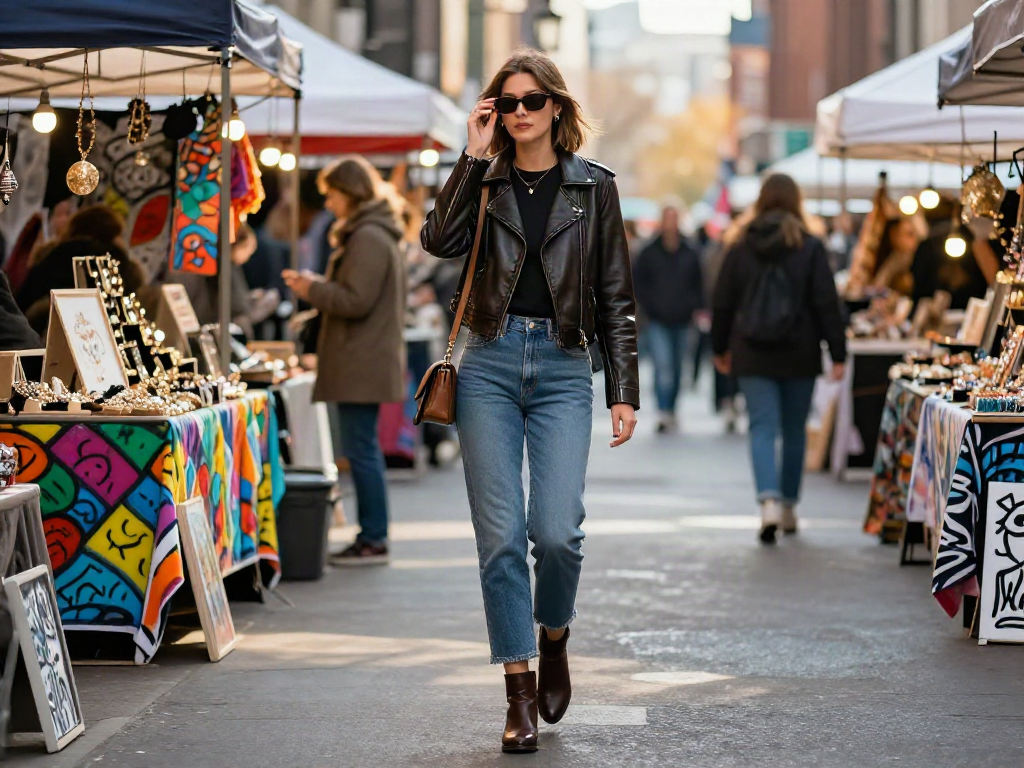 Stylish woman in a leather jacket for women walking through a vibrant urban market, showcasing trendy street style.