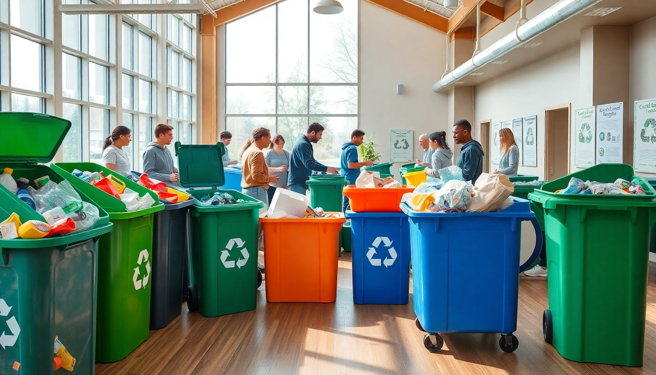 Engage in cold lake recycling at a community center with vibrant recycling bins and colorful materials.