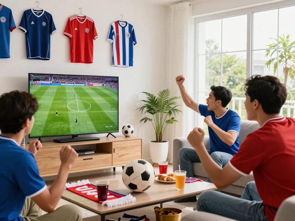 Cakhia tv live football streaming experience with fans enjoying a match at home surrounded by memorabilia.