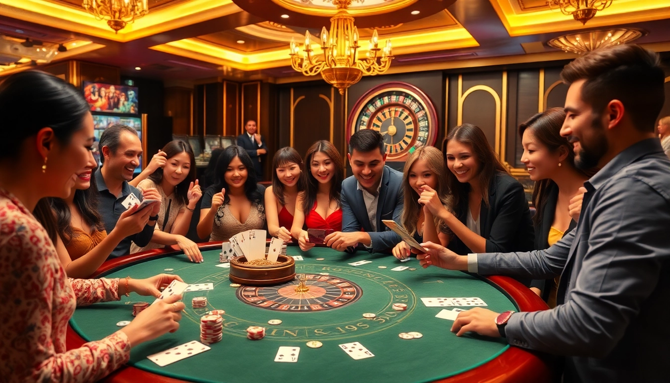 Players enjoying immersive PG Soft slot games at a luxurious casino table, surrounded by poker chips and cards.