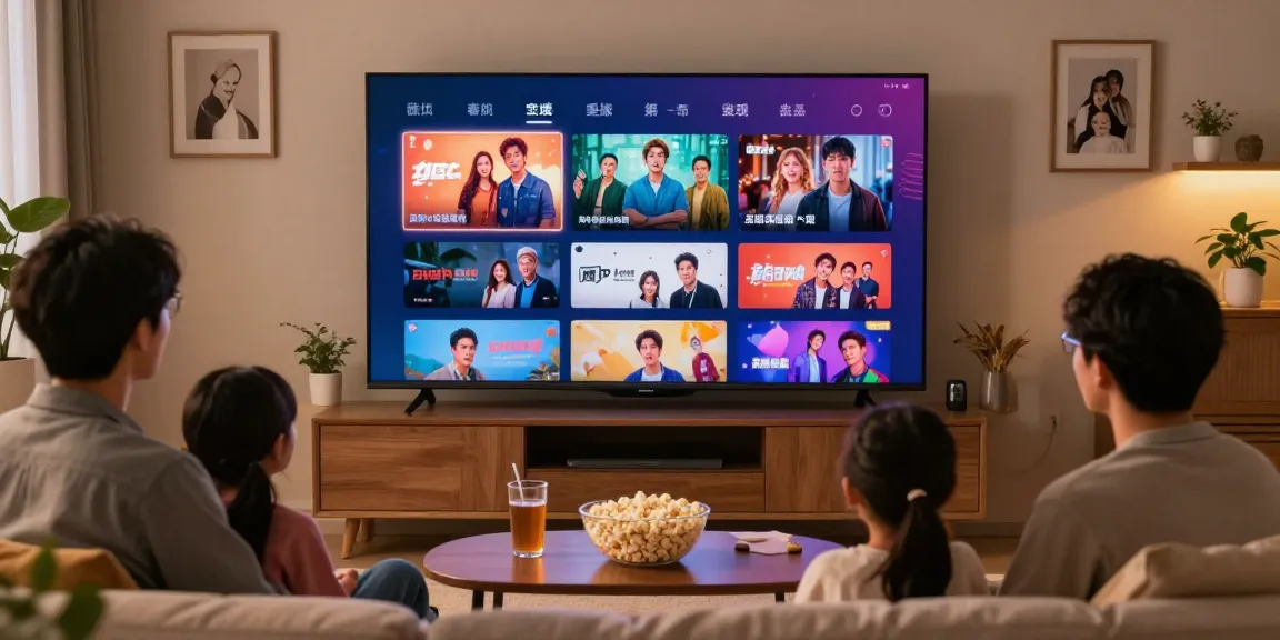 티비위키에서 다양한 콘텐츠를 즐기는 가족, 아늑한 거실 환경에서 TV 화면을 보고 있는 모습