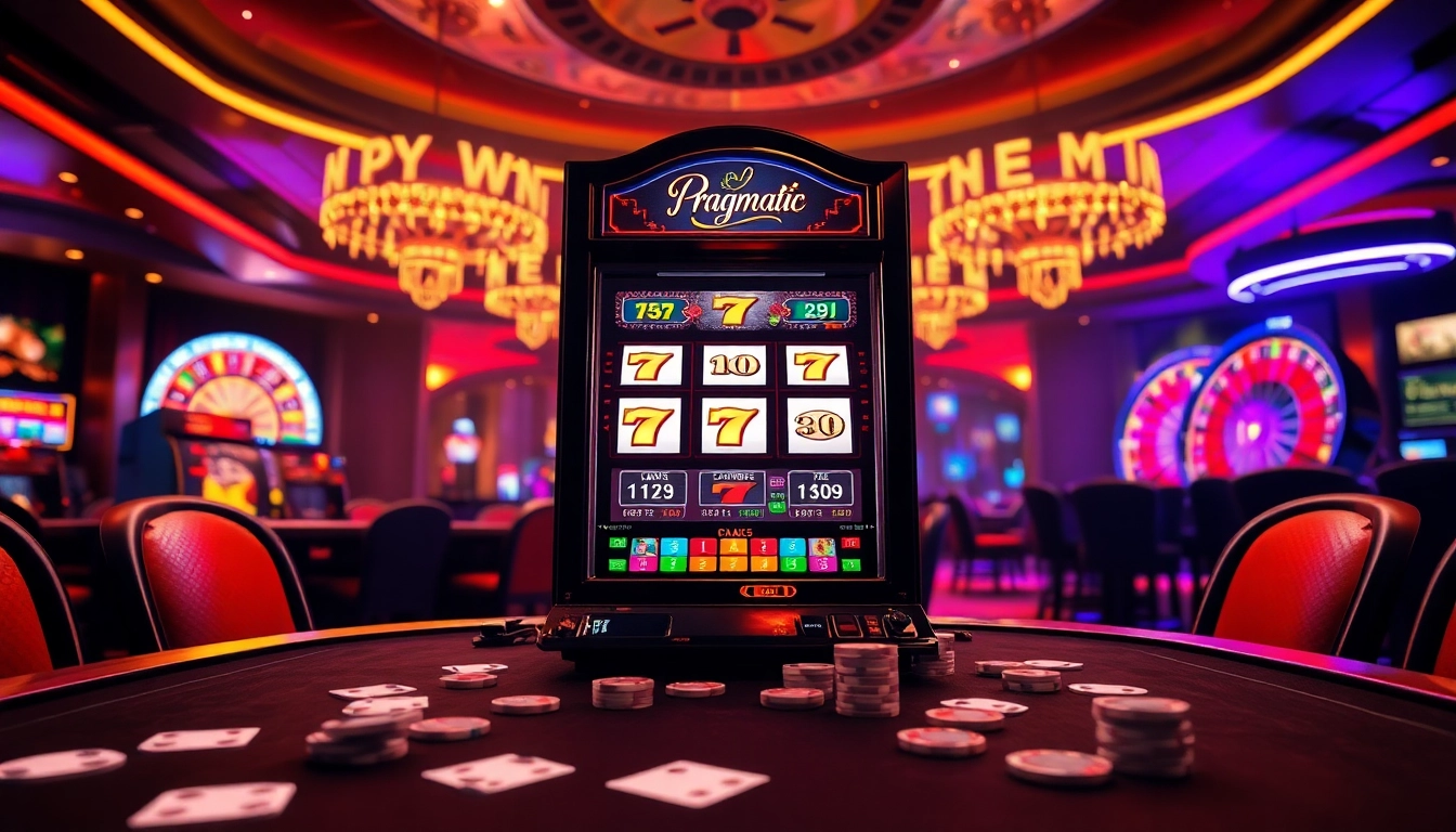 Engage with a pragmatic slot machine amid a bustling casino scene filled with vibrant lights and poker tables.