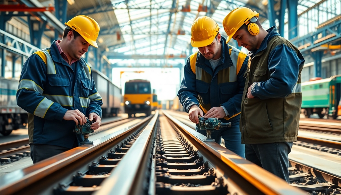 Engaged railway maintenance team inspecting tracks and equipment for safety and efficiency.