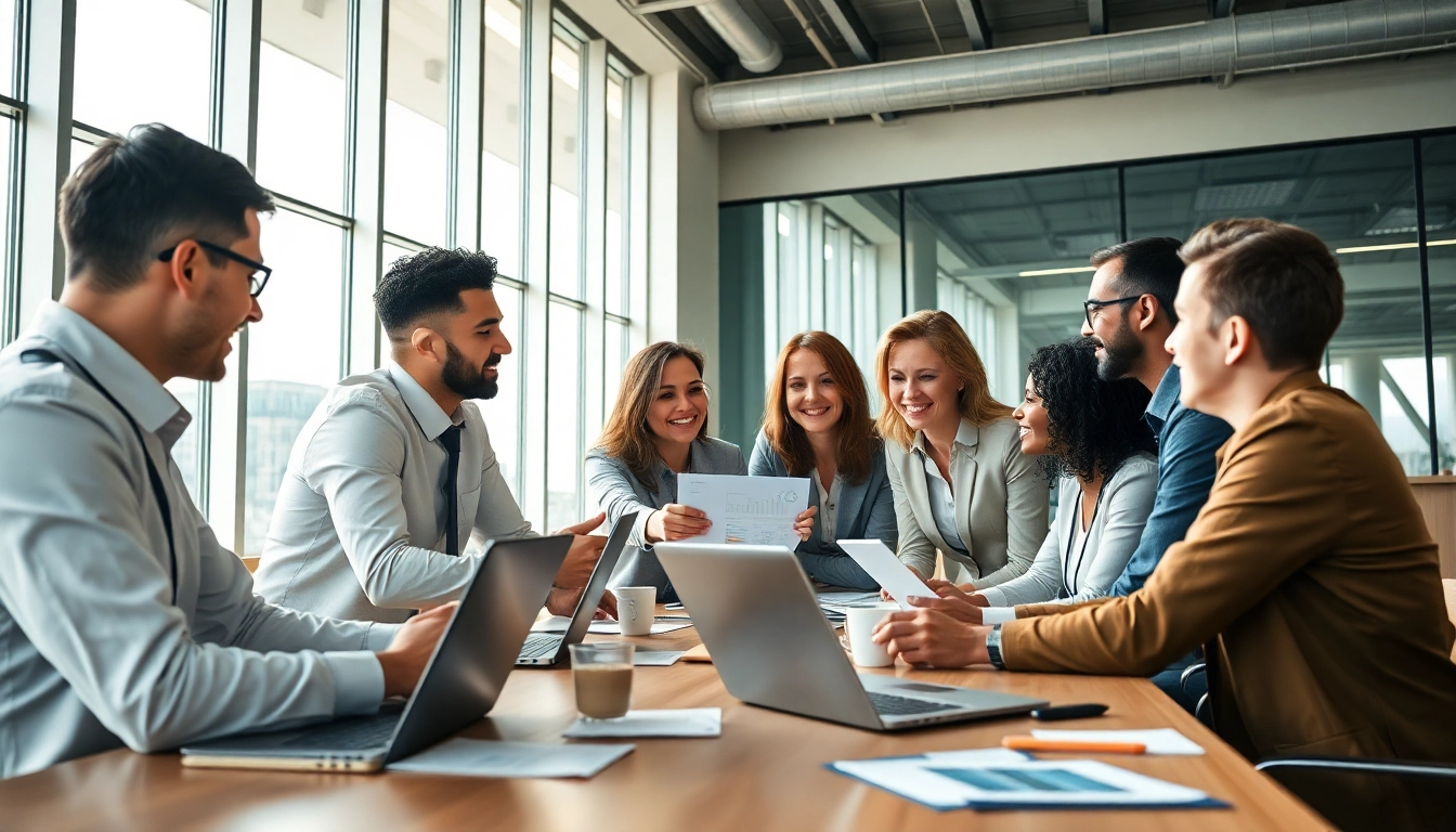 Collaborative business team discussing solutions at https://valuesfirst.com in a modern office setting.