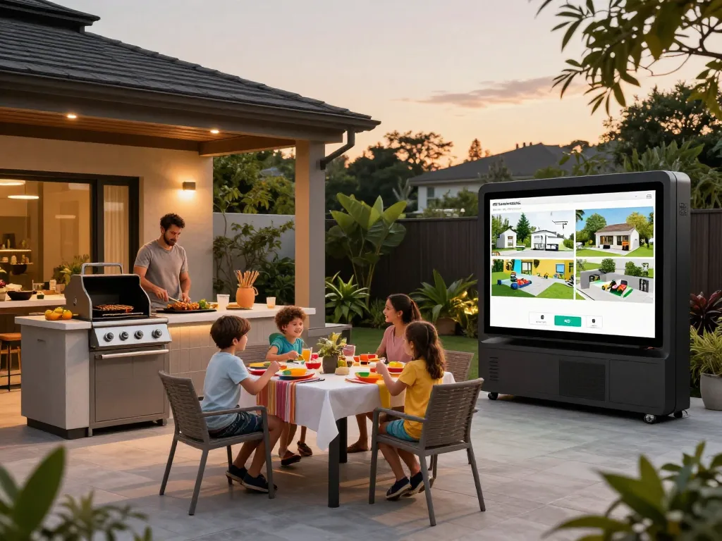 Family enjoying outdoor cooking while exploring a configuratore 3D outdoor design tool in a vibrant backyard setting.