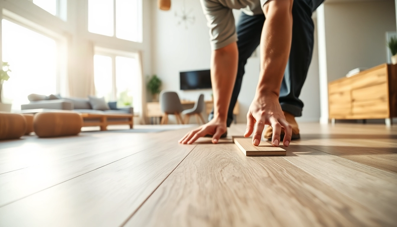 Showcasing vinyl plank flooring installation with a skilled professional in a bright, modern home.