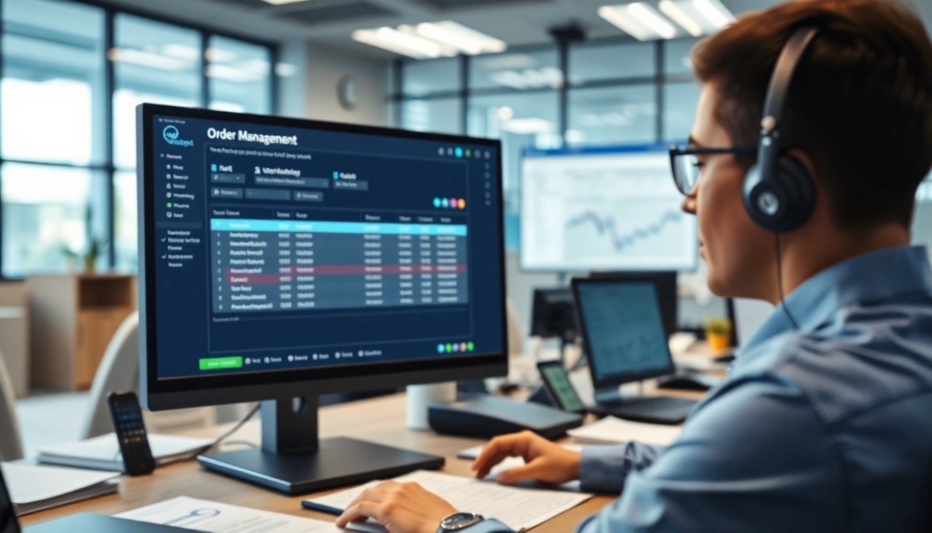 Engaging office scene with order processing software on display, showcasing efficiency in order management.