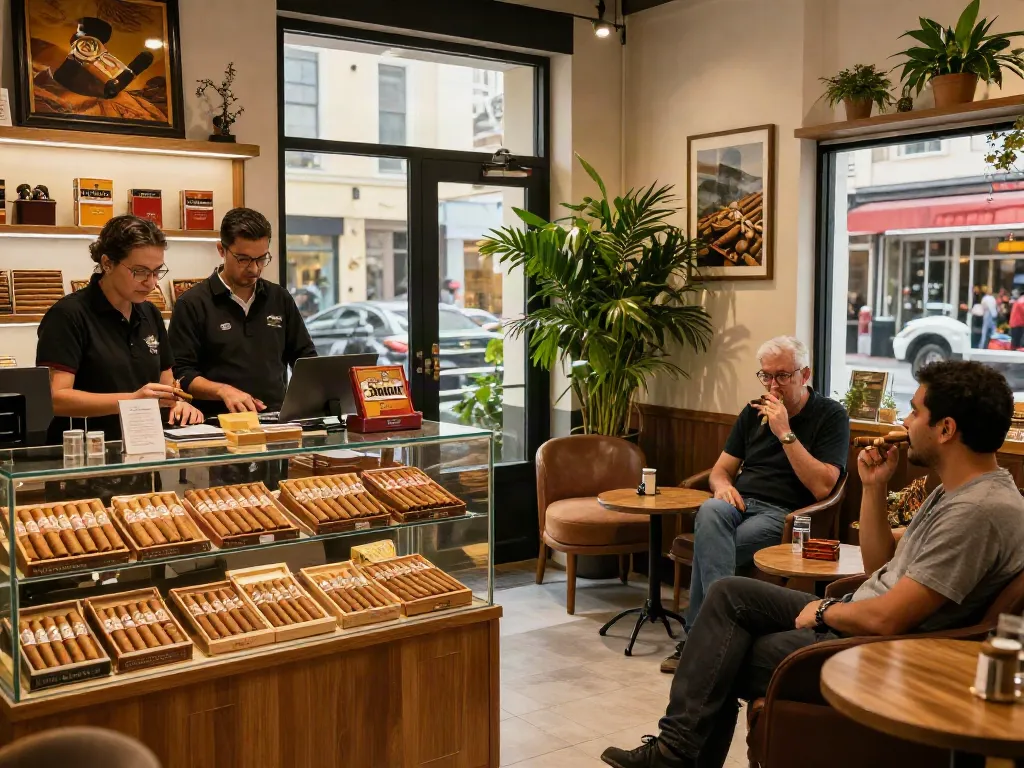 Djarum BOS cigar shop showing engaging interactions and premium products in a vibrant atmosphere.