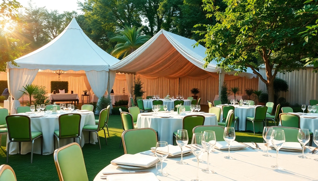 Showcase of Corporate Event Rentals with stylish tents and elegant table arrangements outdoors.