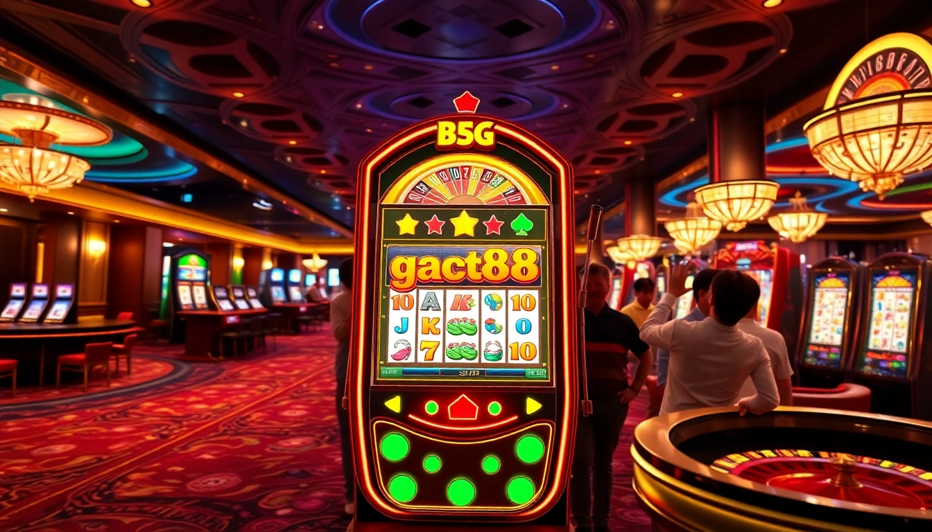 Players enjoying slot88 gacor on a luxurious casino floor with vibrant slot machines and casino elements.