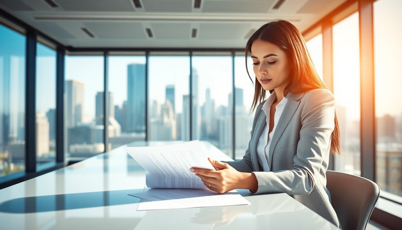 Businesswoman reviewing incorporation documents to incorporate in the US in a bright office setting.