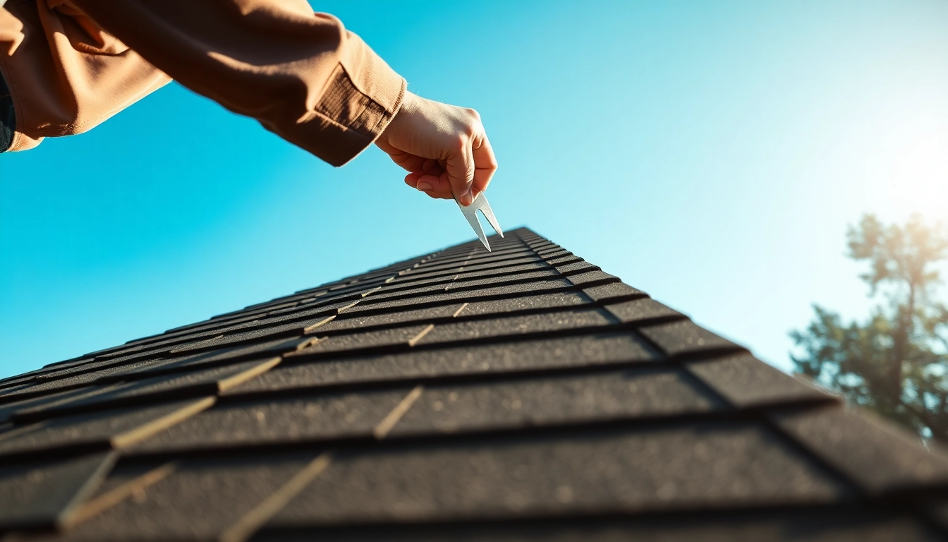 Roofer performing roof repair, showcasing the detailed shingles and tools used for maintenance.
