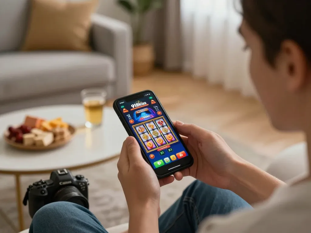 Saat menarik bermain 918kiss di peranti mudah alih, mempamerkan pengalaman permainan slot yang ceria dalam persekitaran yang selesa