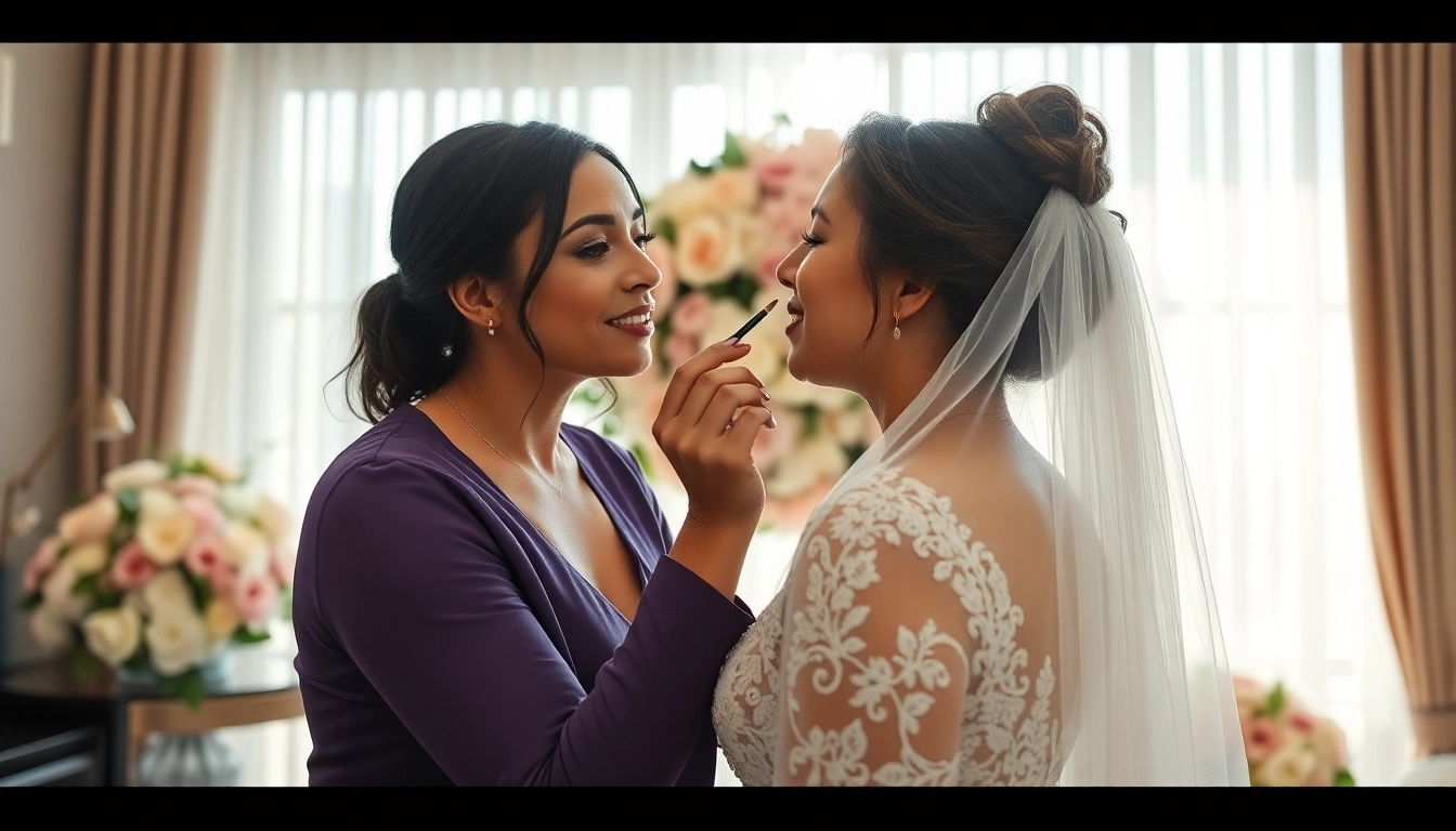 DC makeup artist enhancing a bride's beauty in a romantic bridal suite.