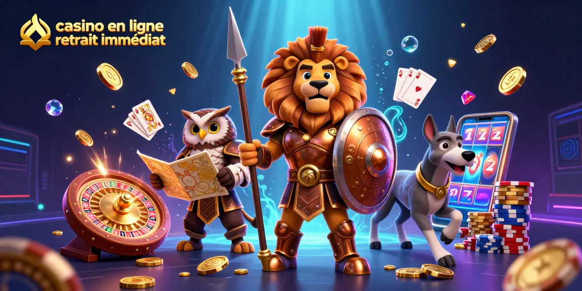 Casino en ligne retrait immédiat avec un lion spartan, un hibou stratège et un greyhound, illustrant l'excitation des jeux d'argent.
