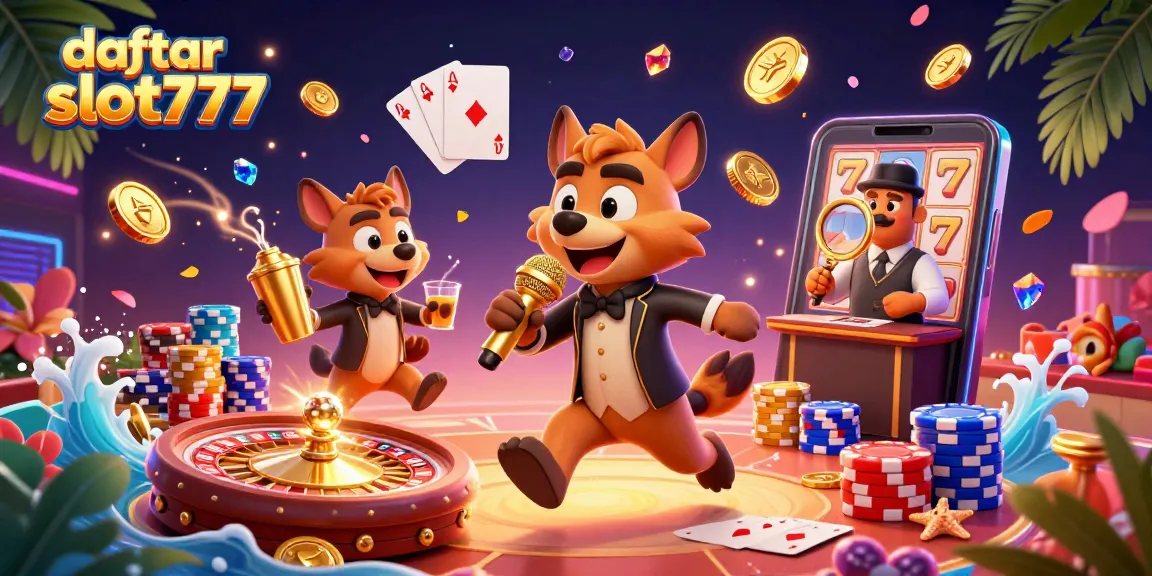 Experience daftar slot777 at a vibrant casino scene featuring funny hyenas, shiny coins, and dynamic slots.