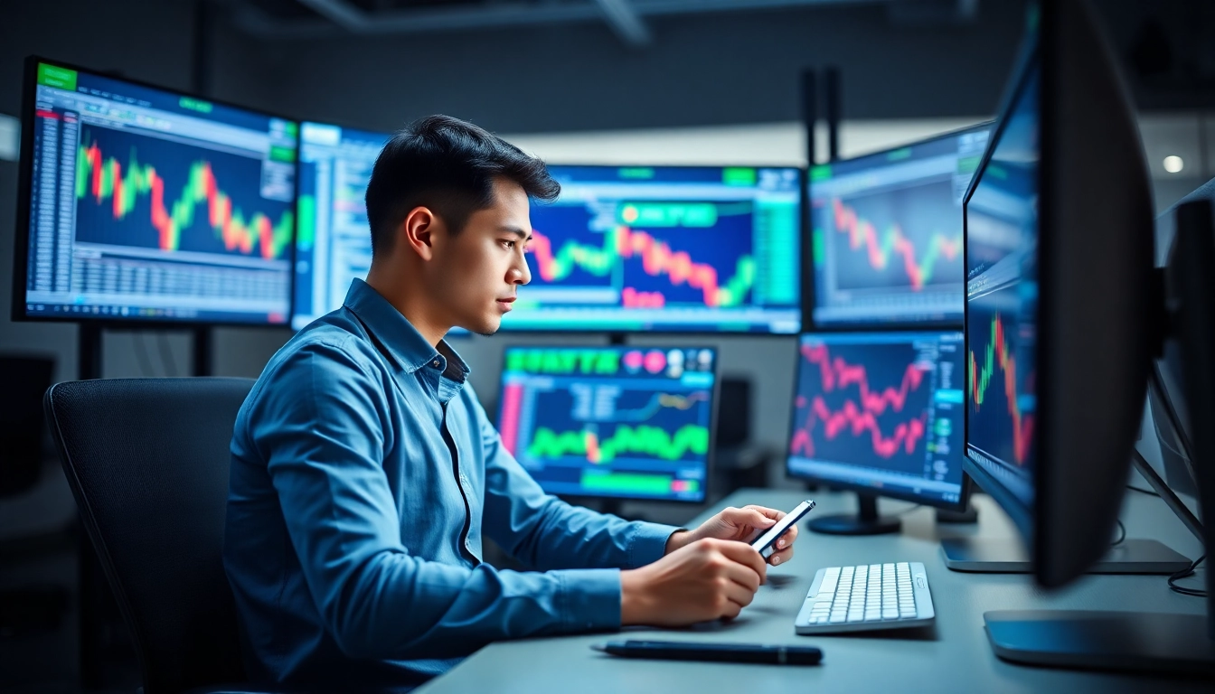 Engaged trader utilizing hotforex mt4 software amidst a modern trading setup.