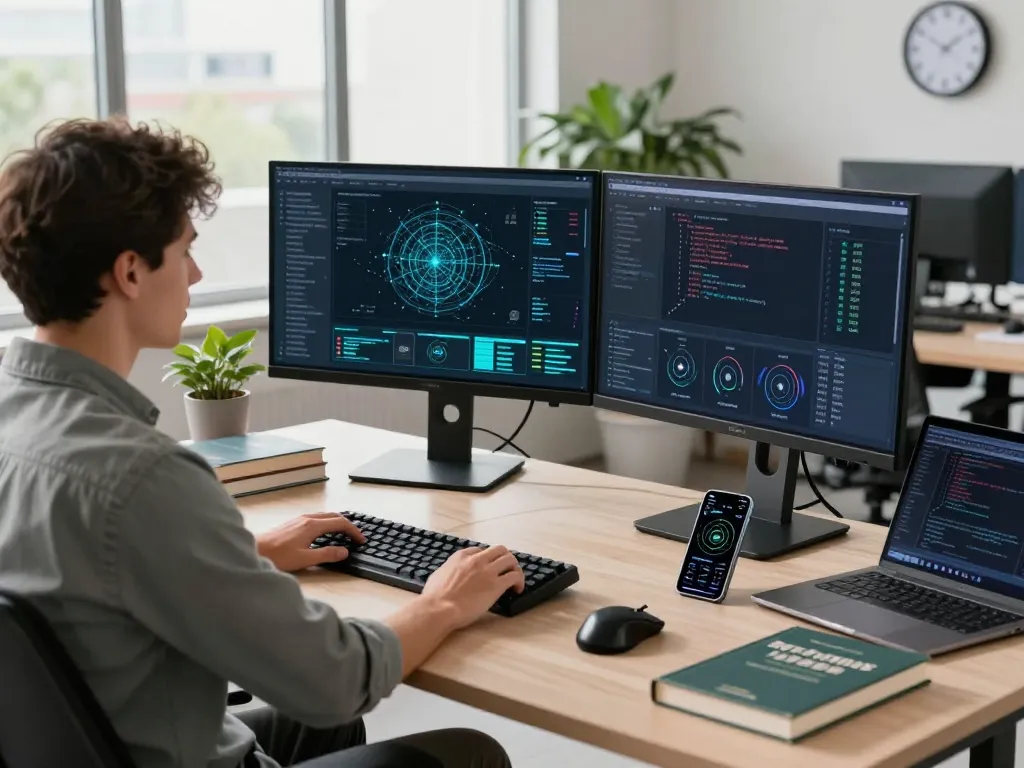 IT professional using 快连 in a modern tech workspace, showcasing advanced network optimization.