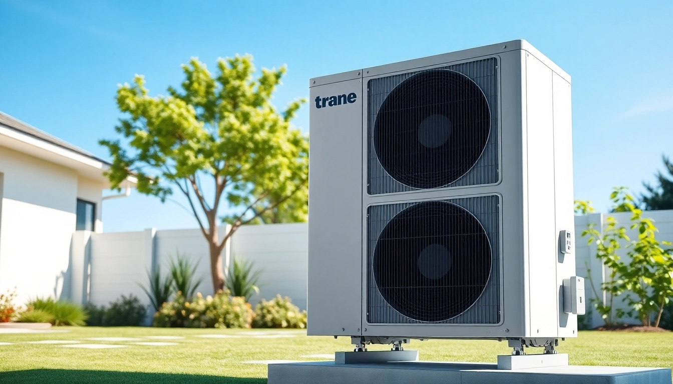 Efficient trane heat pump showcased in a contemporary home environment, promoting energy savings.