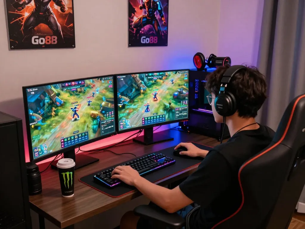 Excited gamer playing Go88 multiplayer battles in a vibrant gaming setup with dual monitors.