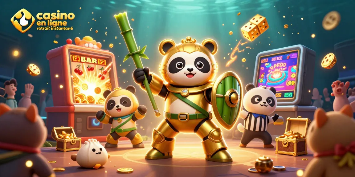 Profitez d'expériences de jeu avec casino en ligne retrait instantané, illustré par un panda doré et un robot combattant.