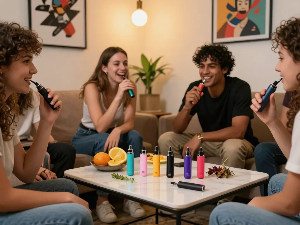Friends enjoying Clean Carts Disposable in a vibrant vaping lounge surrounded by fresh fruits and herbs.
