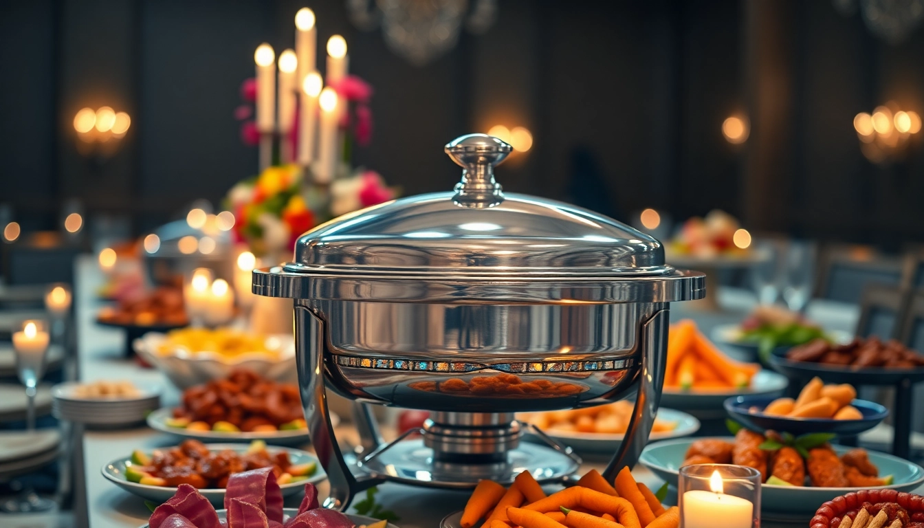 Stylish chafing dish gleaming at a buffet table, surrounded by delectable food.
