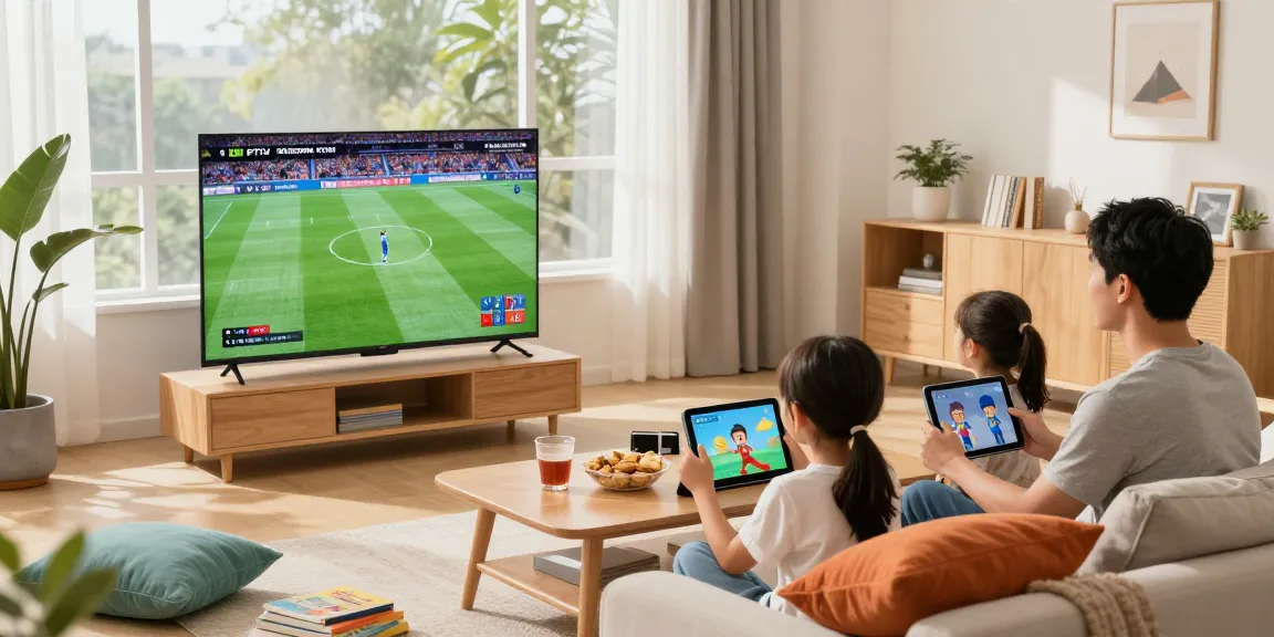 Family enjoying diverse entertainment with IPTV provider in a cozy living room.