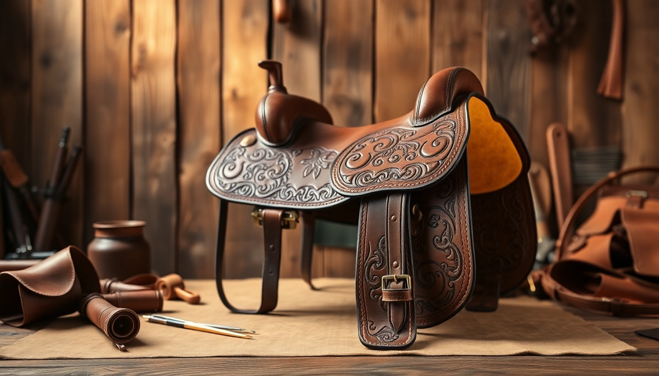 Admiring beautifully crafted tooled leather saddle with intricate designs against wood.
