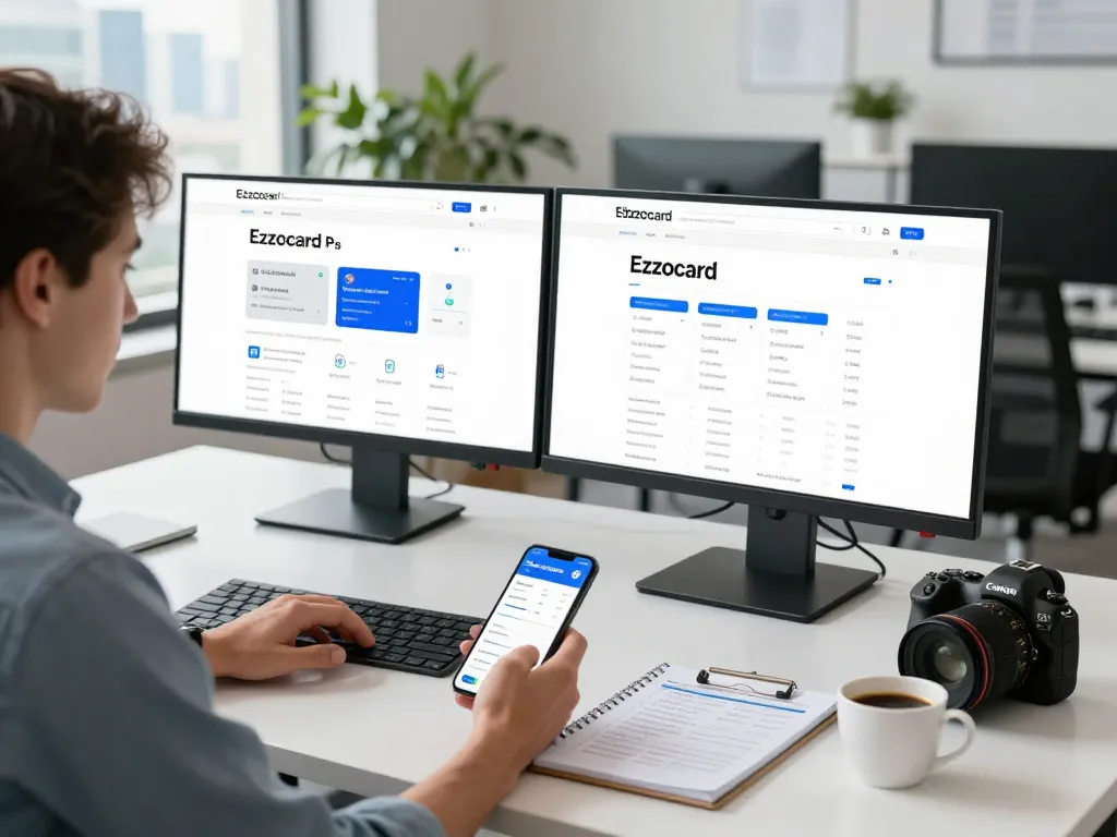 Ezzocard virtual prepaid card analysis in a modern finance workspace with dual screens and a professional.