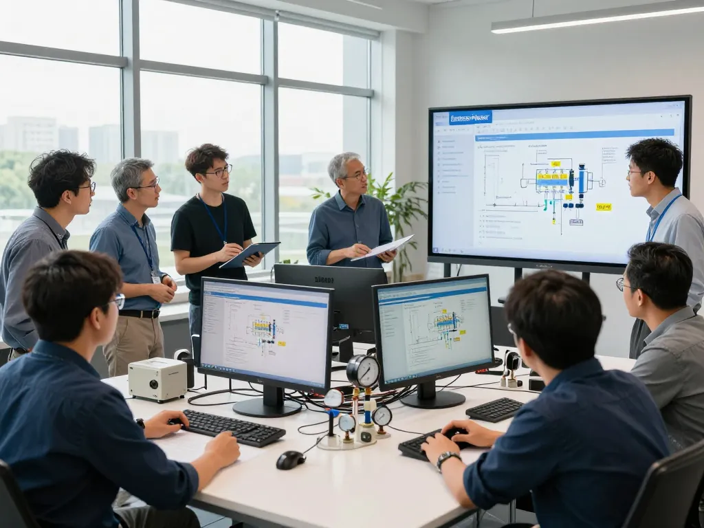 Engineers collaborating on Endress Hauser automation solutions in a bright industrial workspace.