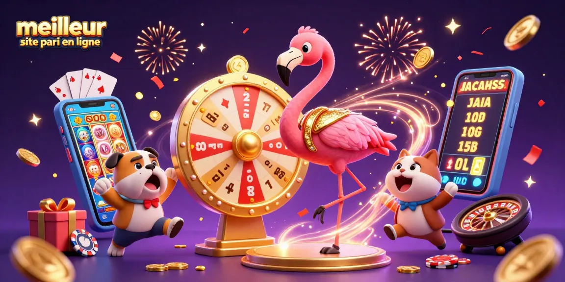 Le meilleur site de paris en ligne illustré par un flamingo hôte, un bulldog, et une chatte assistante dans une scène festive.