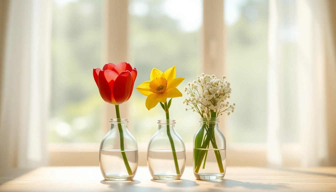 Beautiful arrangement of glass bud vases showcasing vibrant flowers to enhance decor.