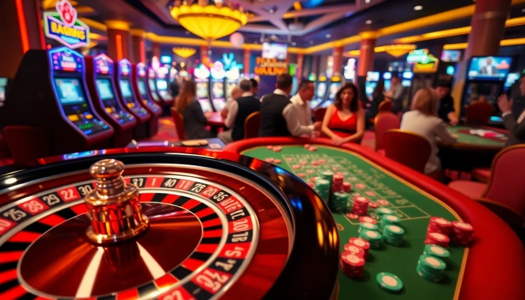 Experience the excitement of gambling at https://mm88.video/ with immersive casino settings showcasing roulette wheels and poker chips.