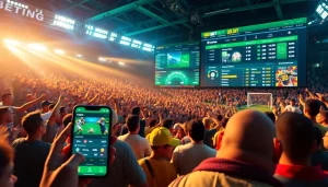 Engaging visualization of the best sports betting sites in India highlighting digital sports betting interfaces and a lively stadium backdrop.