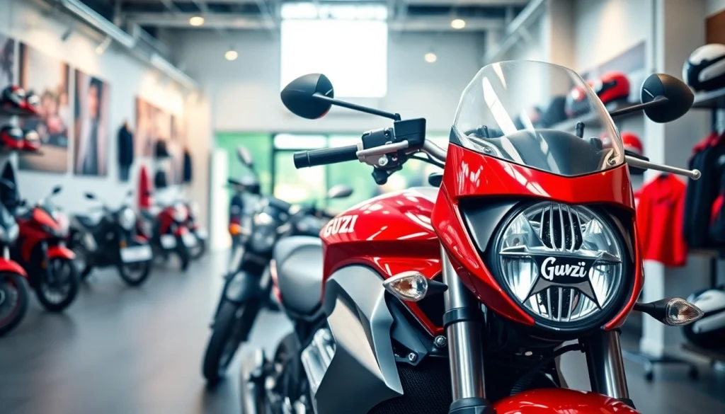 Das Anzeigen von https://moto-ankauf.de/moto-guzzi-verkaufen mit einem eleganten Moto Guzzi in einem modernen Showroom.