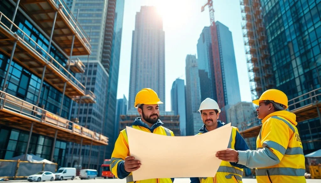 New York General Contractor coordinating a construction project in an urban skyline.