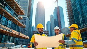 New York General Contractor coordinating a construction project in an urban skyline.